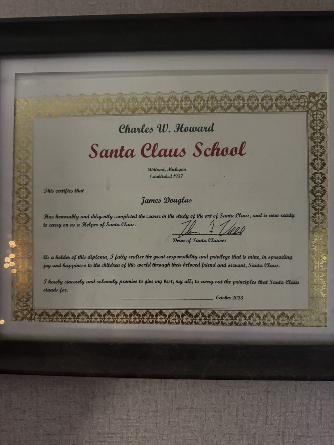 Santa Jim's Charles W. Howard Santa Claus School diploma