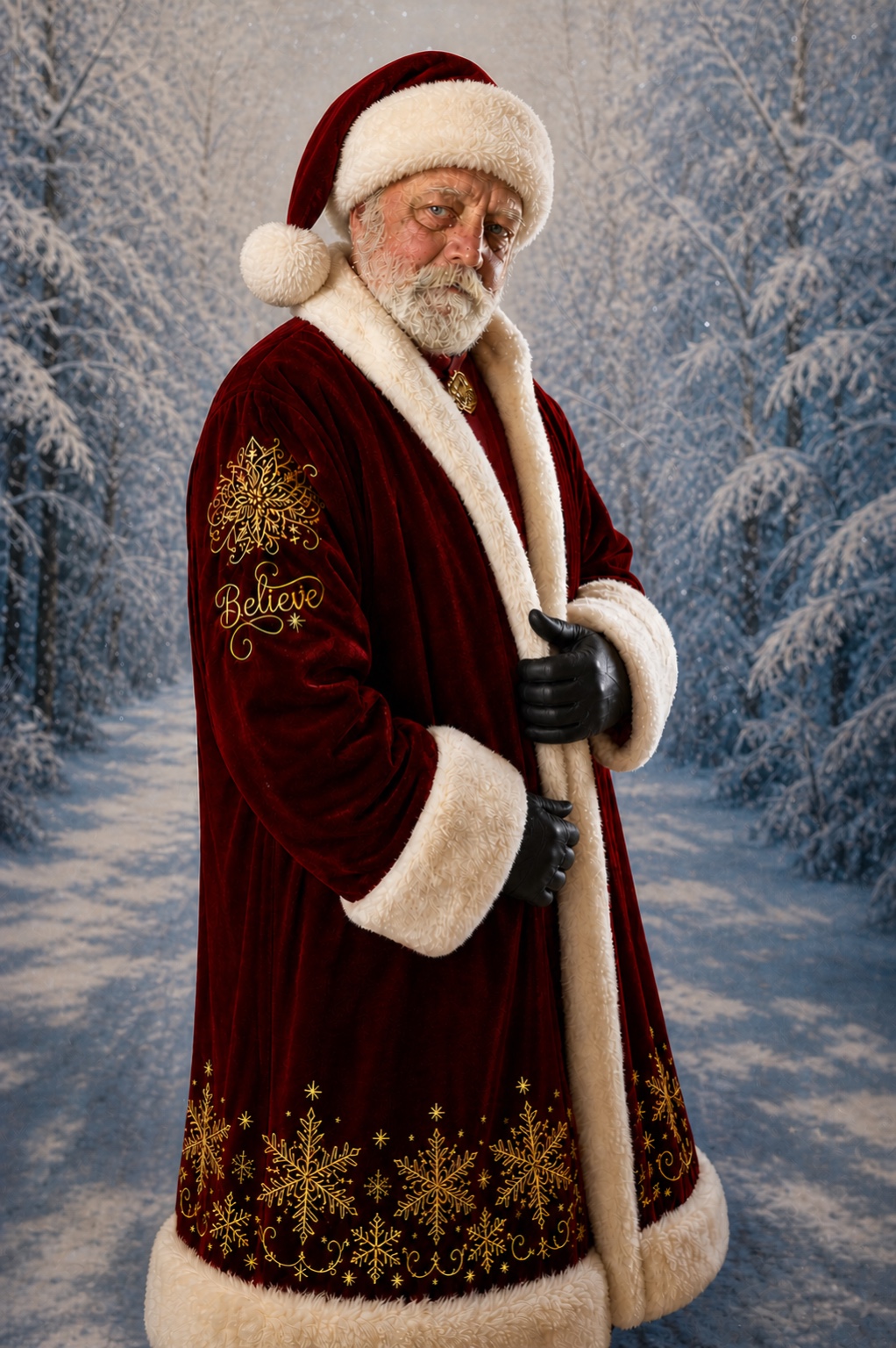 Santa Jim in an embroidered burgundy coat in a winter setting