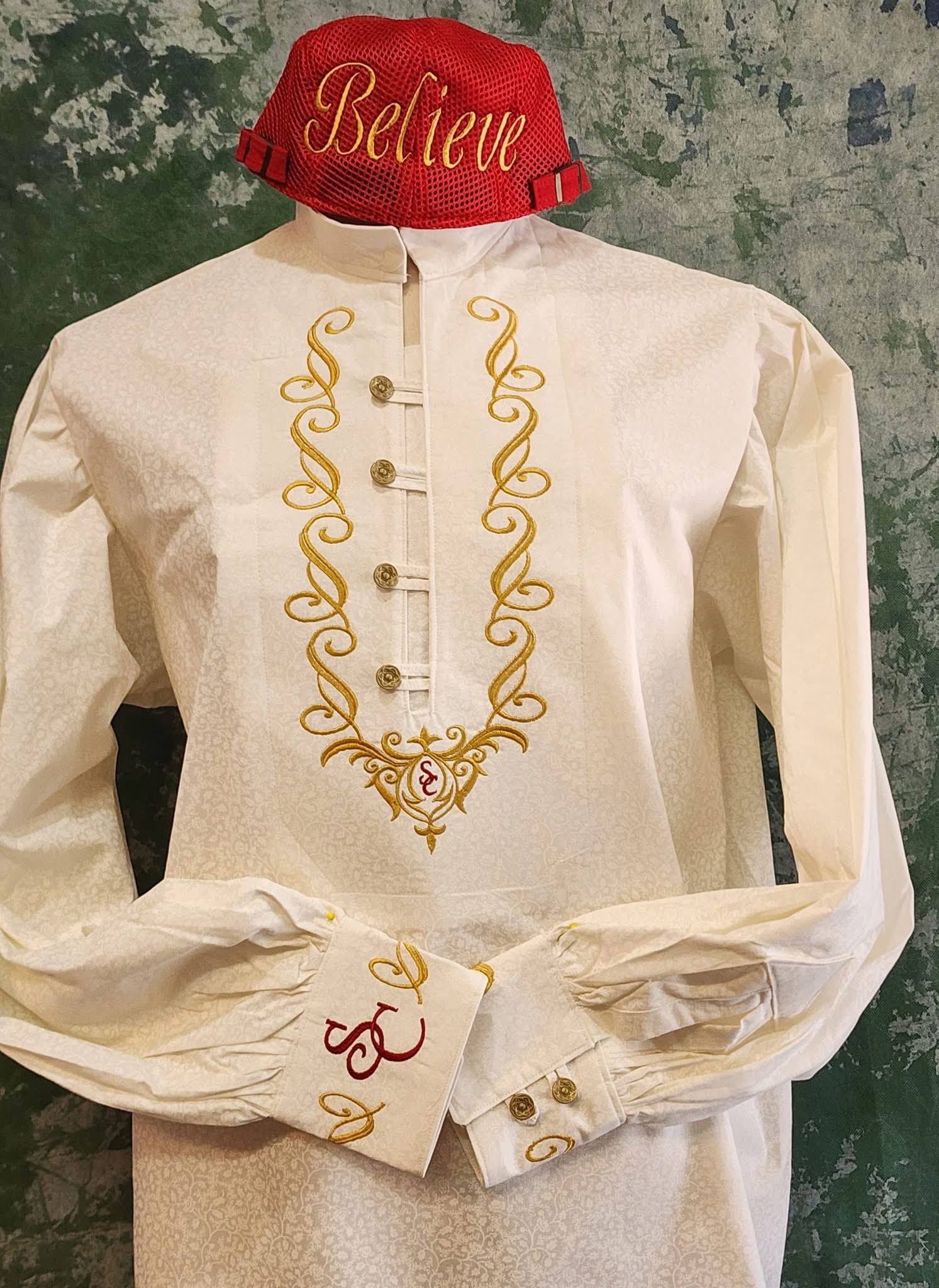 Cream and gold embroidered Santa shirt by Roberta Wells